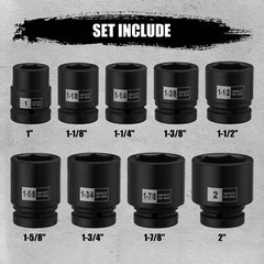1” Drive Spindle Axle Nut Impact Socket Set 1″ to 2″, 9PCS 6-Point, SAE, CR-MO