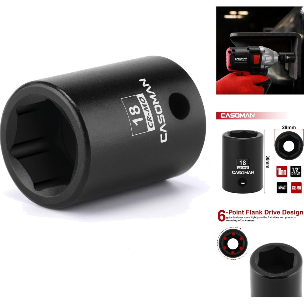 18mm 1/2 Impact Socket 6-Point CR-MO Steel Black Phosphate for Impact Wrenches